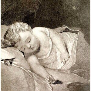 The Rose Bud Steel Engraving 1859 Victorian Art Adorable Sleeping Baby DWY5C